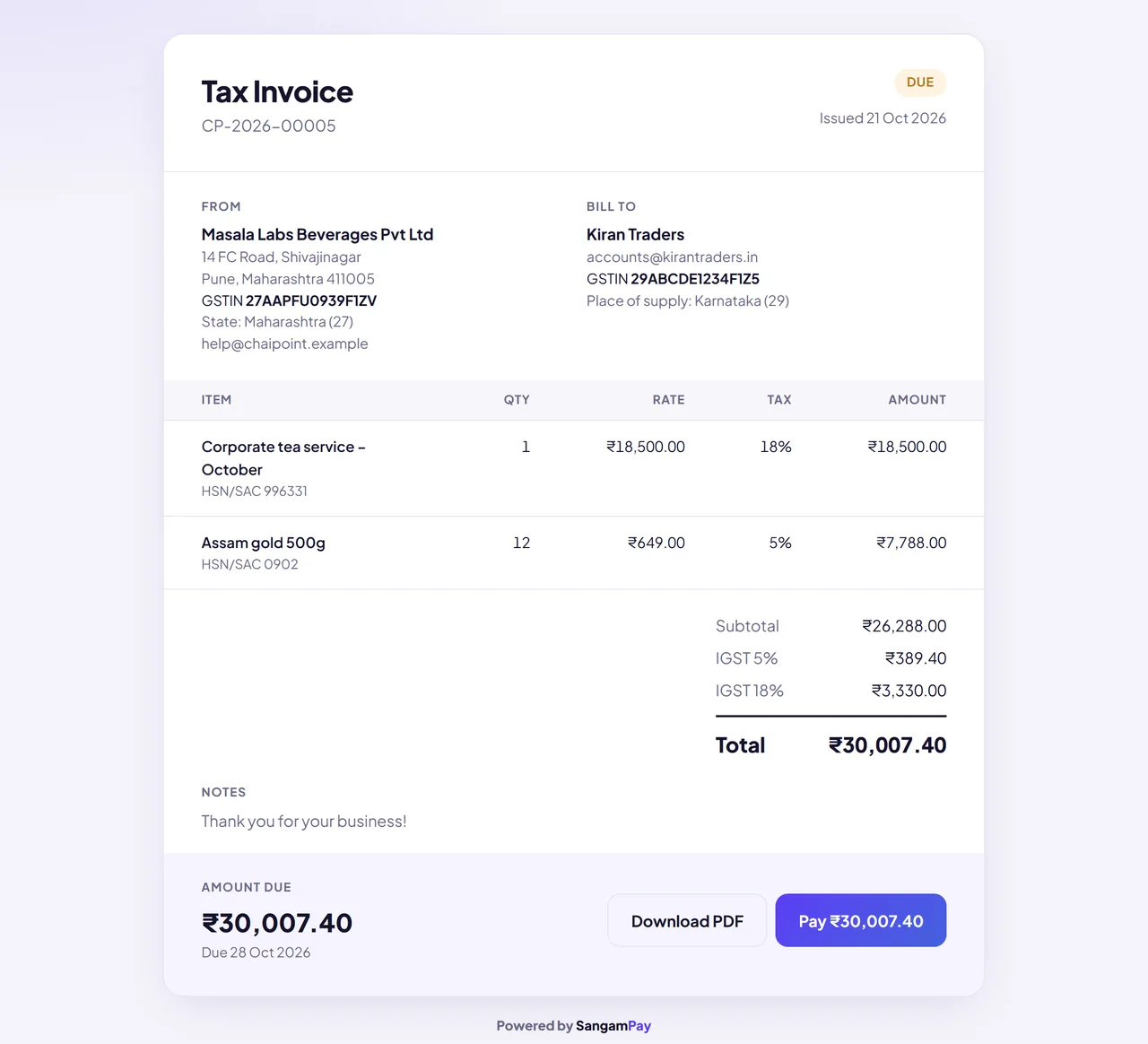 GST tax invoice with IGST breakdown and pay button